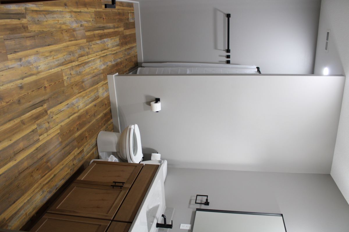 Basement bathroom with toilet, walk in shower, double sink vanity, and large mirror