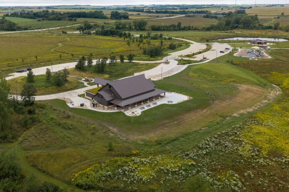 Rainy Day view with playground, reservable shelter, and trails nearby