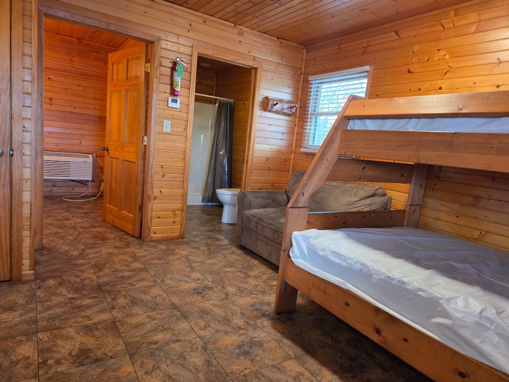 Bluegill Bungalow Cabin- main living space with bunkbeds