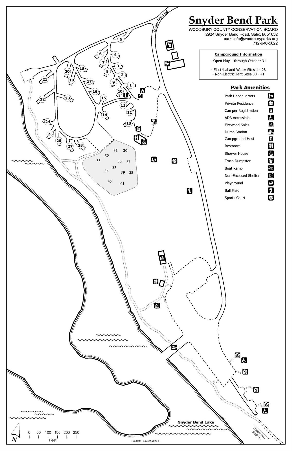 Map of Snyder Bend Park showing campsite numbers and layout.