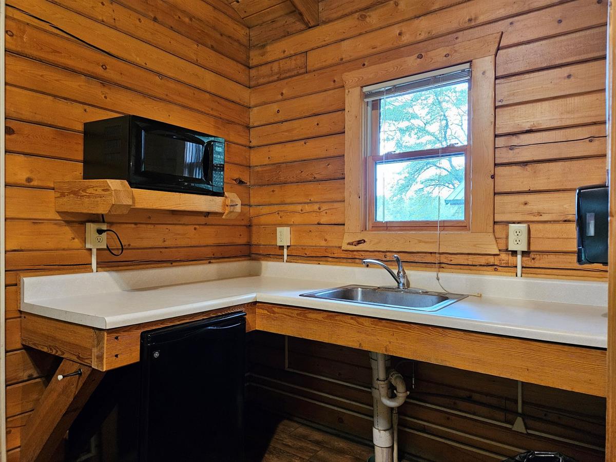 Whitetail - Cabin interior showing kitchen area with sink, microwave & mini-fridge.