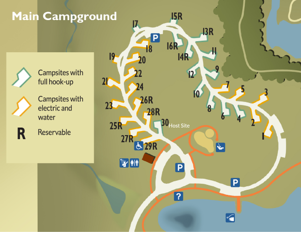 Map of Dakins Main Campground showing site layout with site numbers and color coded for full hook-up