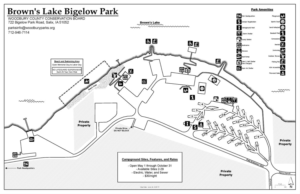 Map of Bigelow Park showing campsite umbers and layout.