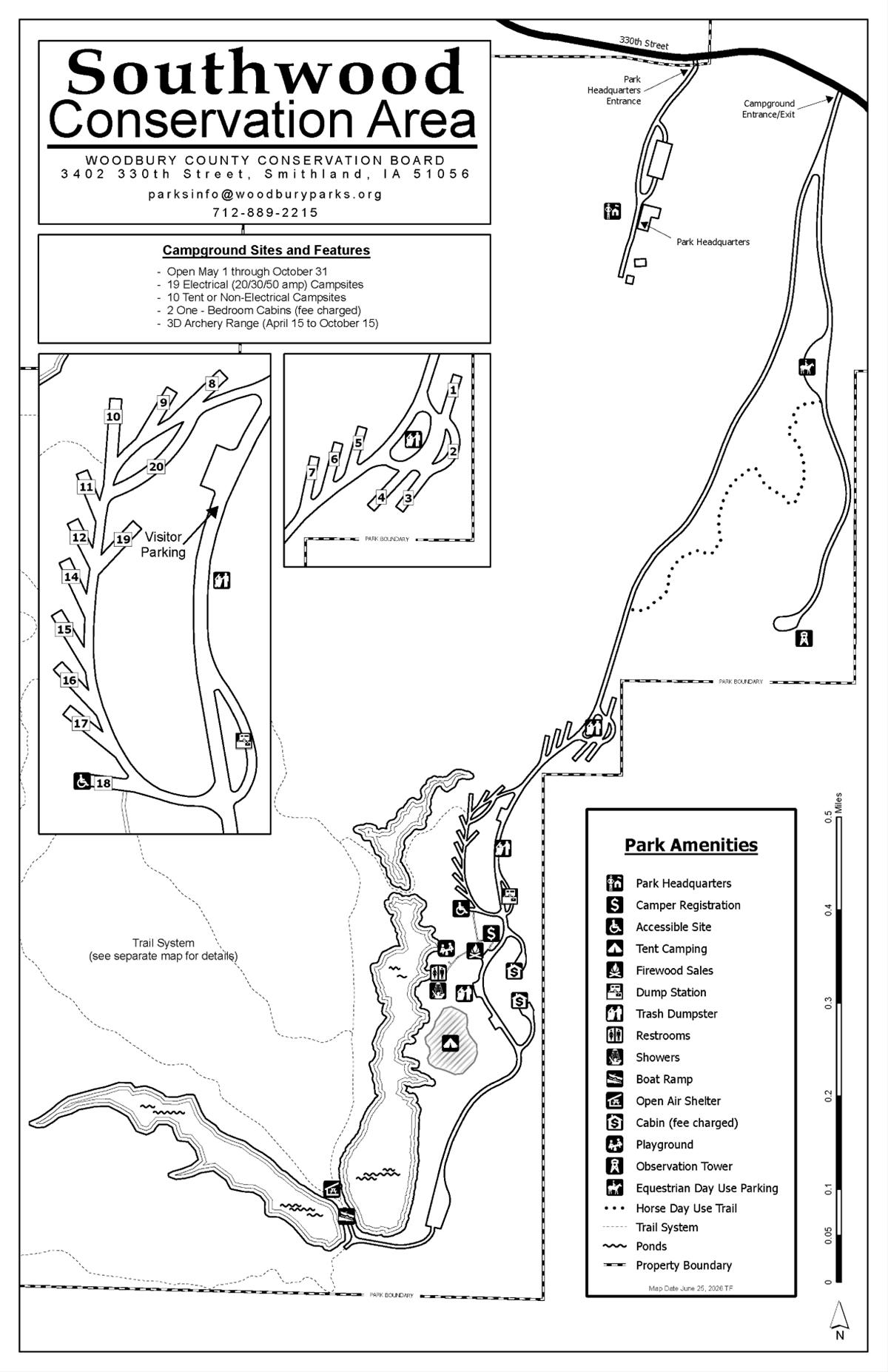 Map of Southwood Conservation Area showing campsite numbers and layout.