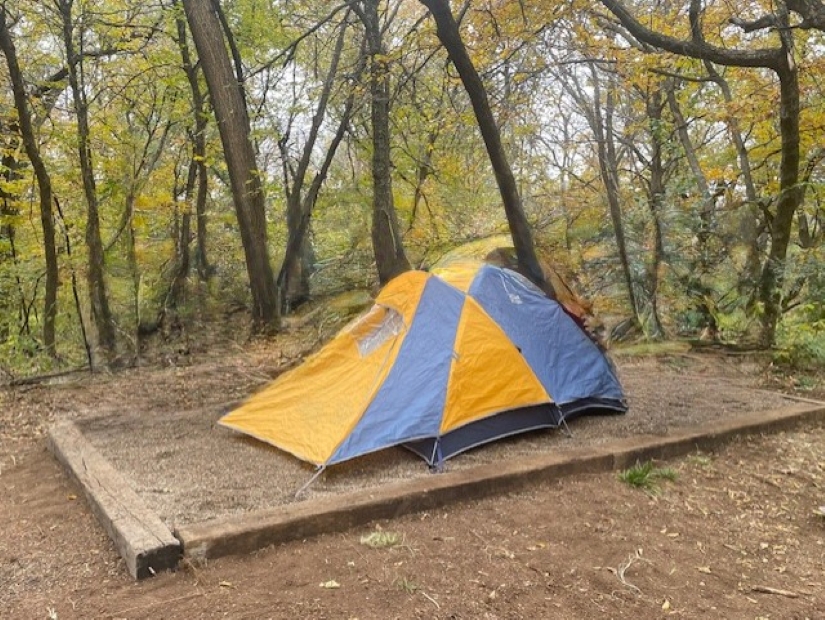 Southwood Backcountry Campsite - Blue and yellow tent on a gravel tent pad with trees in the backgro