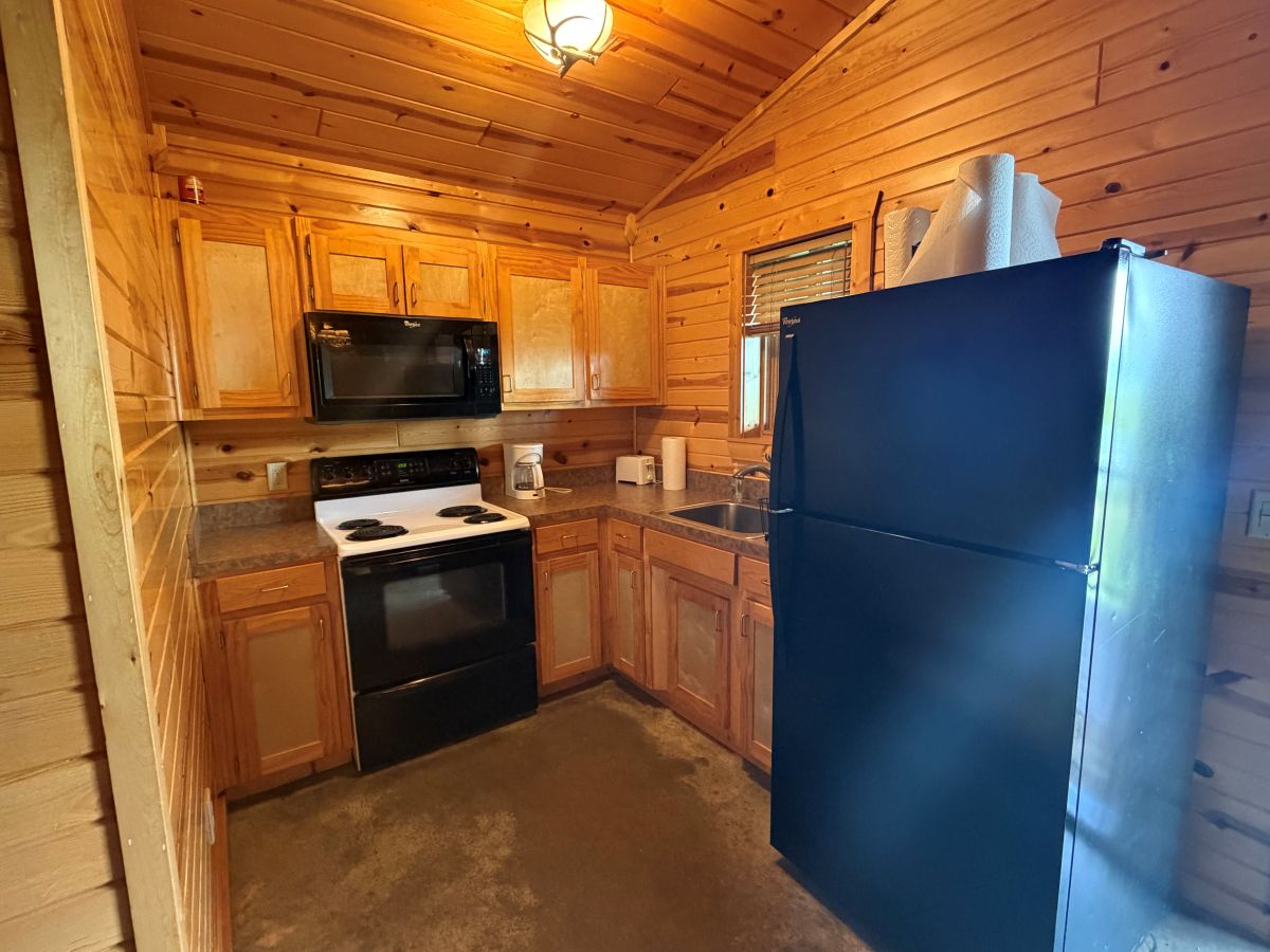 Lakeview Cabin - Full kitchen with stove, refrigerator, microwave, sink, and cabinet storage.