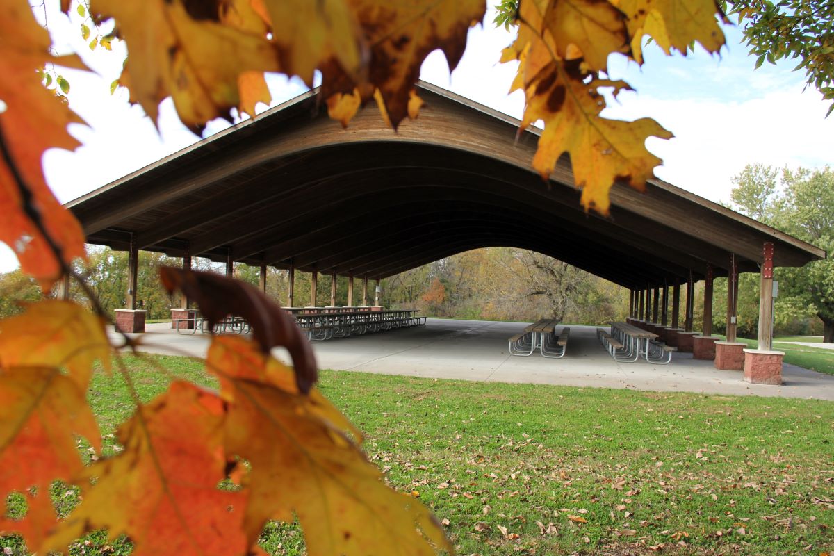 Pavilion in the fall with orange and yellow leaves