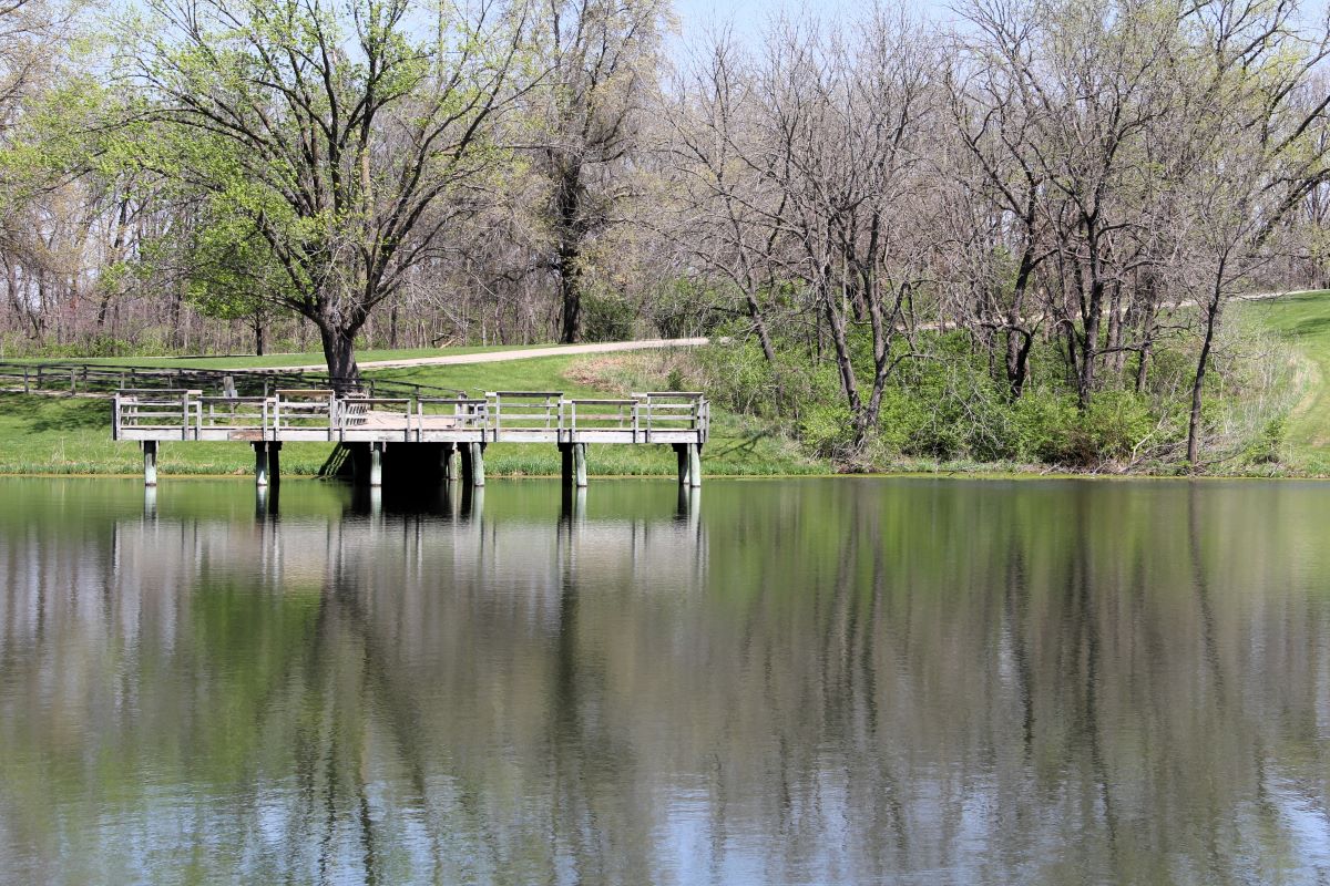 Wooden fishing pier over Marion County Park lake