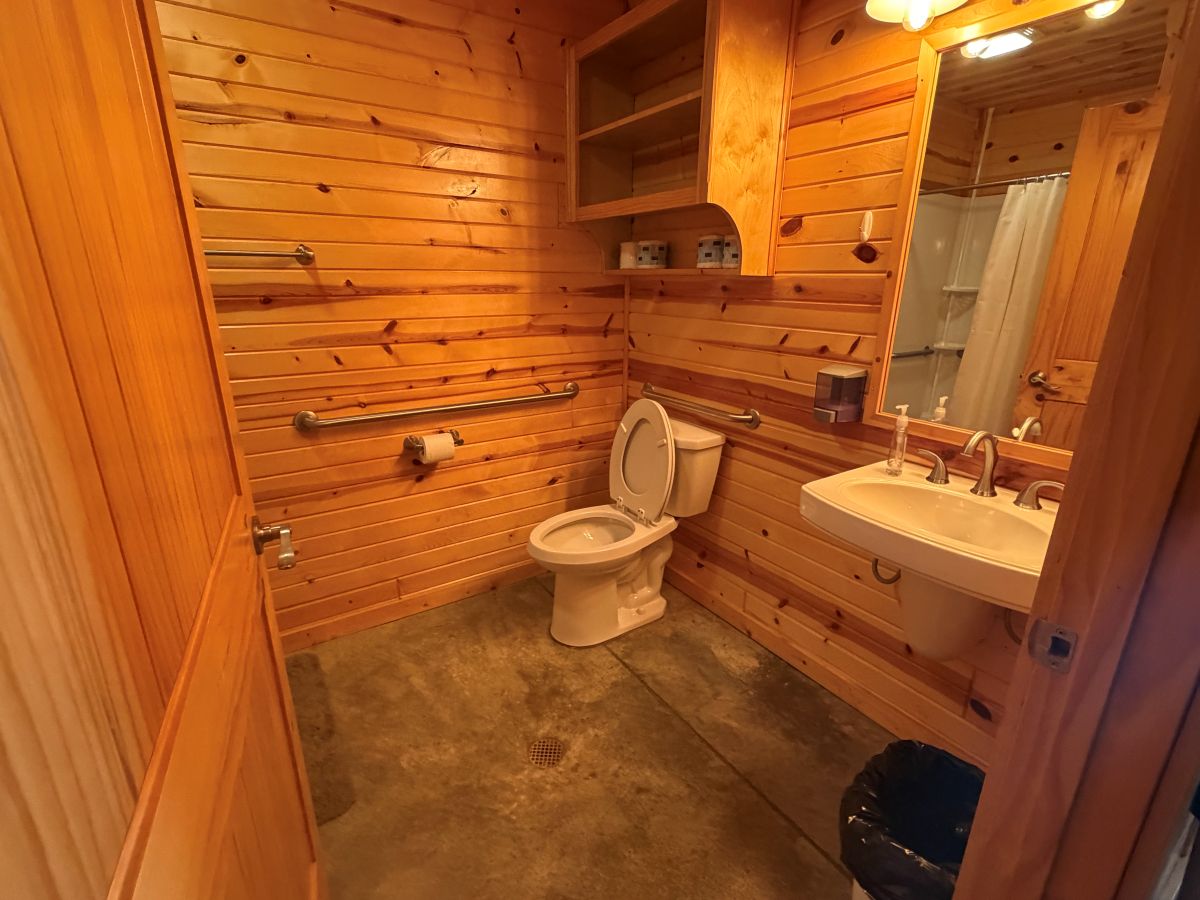 Lakeview Cabin - Full bathroom with handicap accessible shower, toilet, and sink
